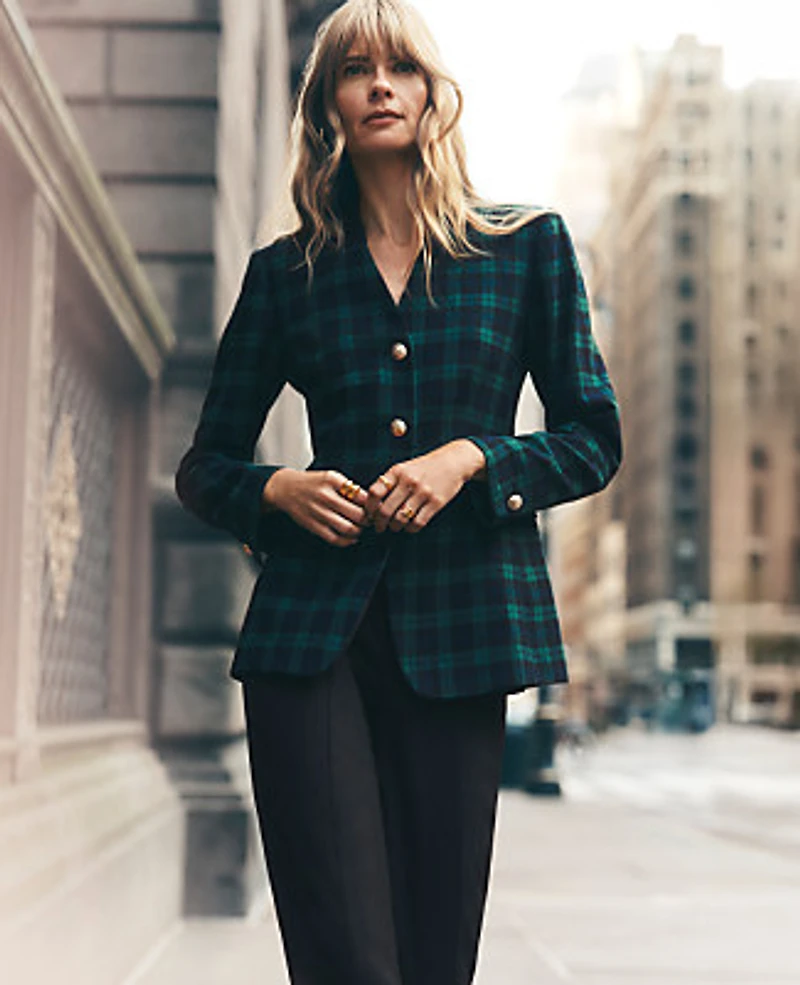 Ann Taylor The Long Collarless Blazer Plaid Rainforest Women's