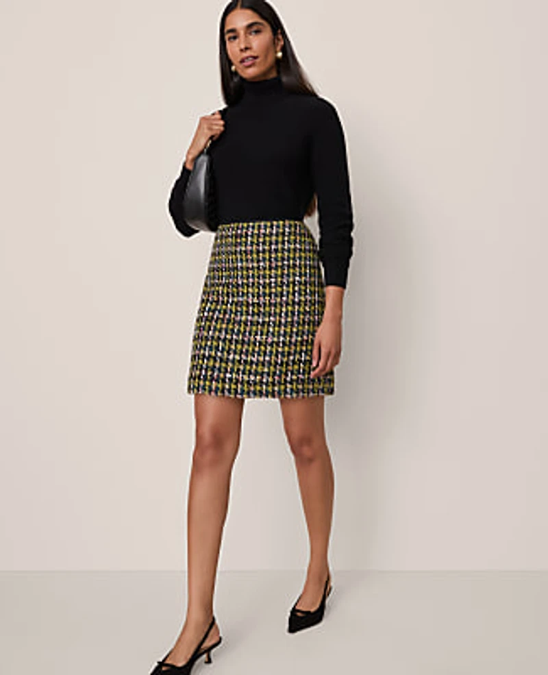 Ann Taylor Petite Houndstooth Tweed Skirt Size 6 Green/Navy Multi Women's