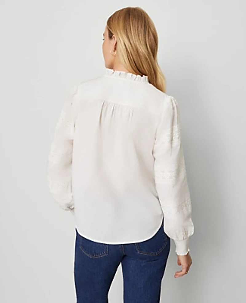 Ann Taylor Petite Weekend Lace Trim Blouse Size 2XS Winter White Women's