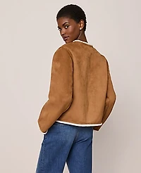 Ann Taylor Petite Faux Suede Crew Neck Jacket White Fur/ Tan Women's
