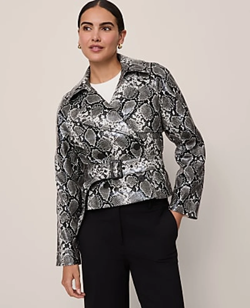 Ann Taylor Petite Snake Print Belted Trench Coat Black/ Neutral Snakeskin Women's
