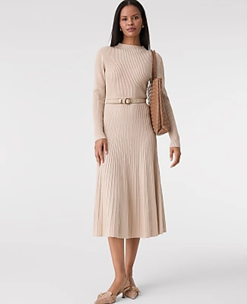 Ann Taylor Petite Ribbed Mock Neck Sweater Dress Pale Sandalwood Women's