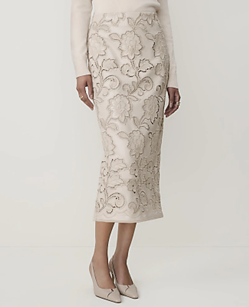 Ann Taylor Petite Embroidered Faux Leather Midi Skirt Almondine Women's