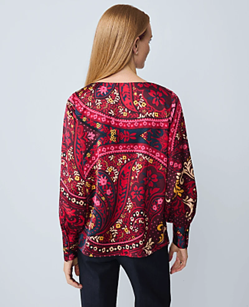 Ann Taylor Paisley Satin Boatneck Popover Top Size XS Poised Plum Women's