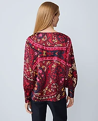 Ann Taylor Paisley Satin Boatneck Popover Top Size XS Poised Plum Women's