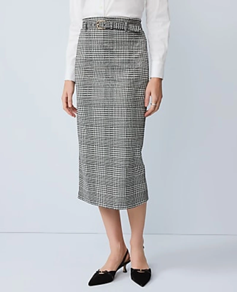 Ann Taylor Petite Plaid Belted Midi Pencil Skirt Size 00 Black/White Plaid Women's