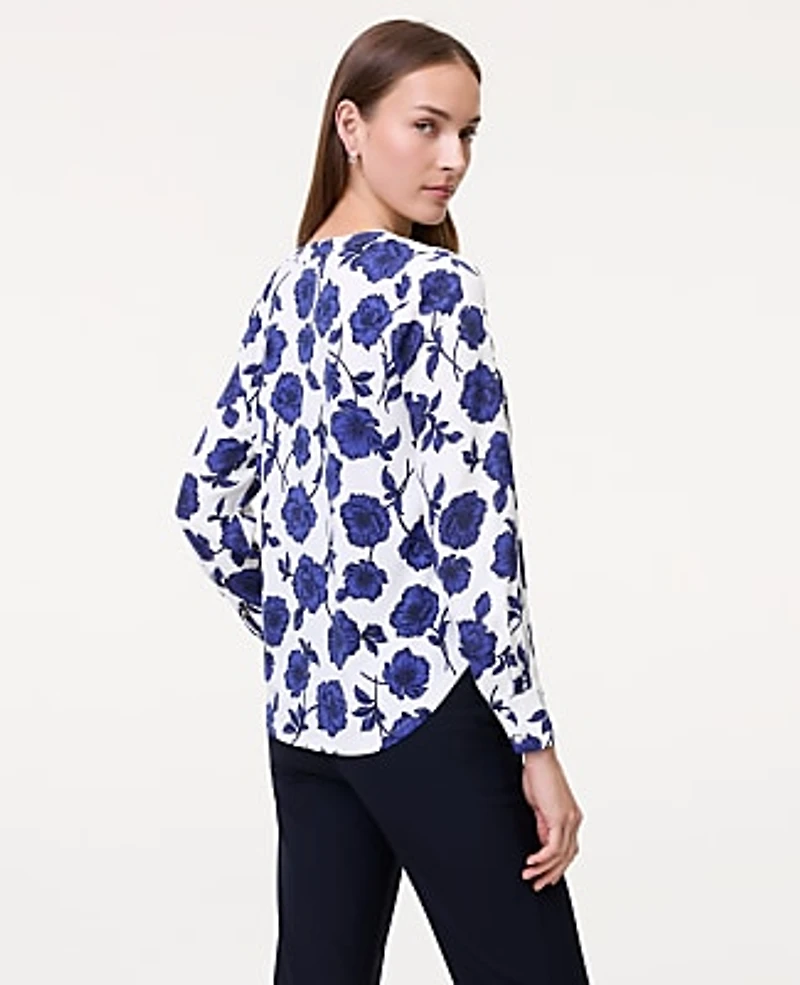 Ann Taylor Floral Mixed Media Pleat Front Top Electric Periwinkle Women's