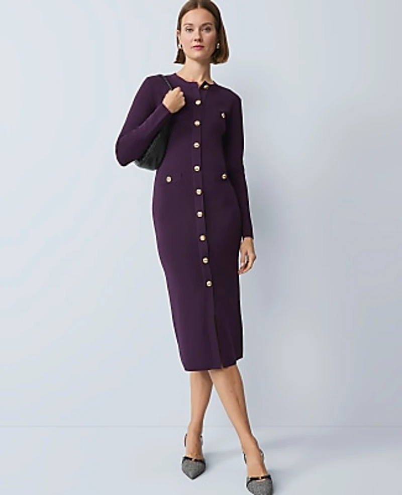 Ann Taylor Petite Crew Neck Button Sweater Dress Size Medium Aubergine Dream Women's