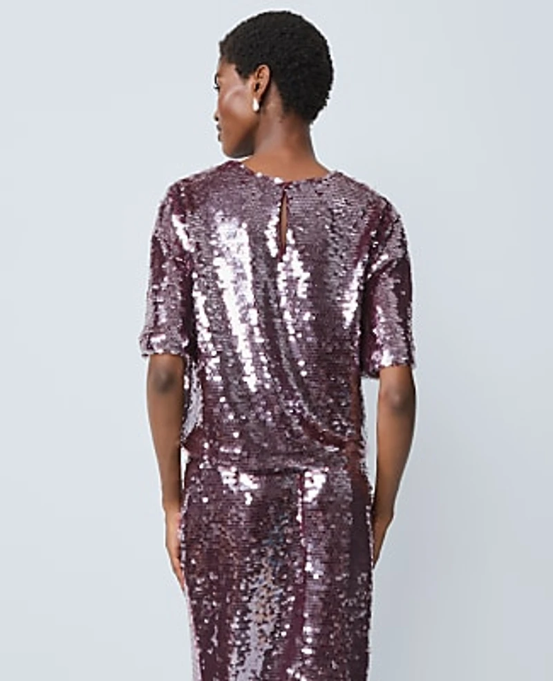 Ann Taylor Sequin Crew Neck Blouse Frosted Burgundy Women's