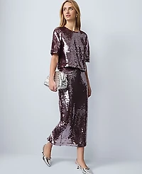 Ann Taylor Sequin Crew Neck Blouse Frosted Burgundy Women's