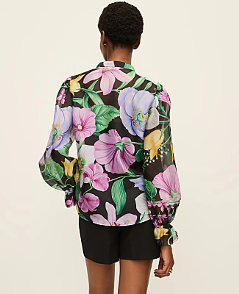 Ann Taylor Floral Ruffle Trim Blouse Size Small Black Women's