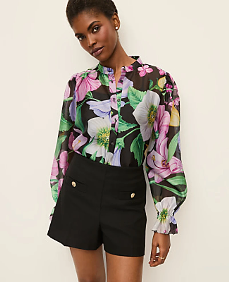 Ann Taylor Floral Ruffle Trim Blouse Size Small Black Women's