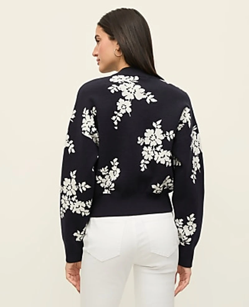 Ann Taylor Floral Jacquard Bomber Sweater Jacket Night Sky Women's