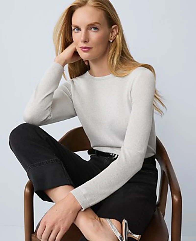 Ann Taylor Shimmer Essential Crew Neck Sweater Silver Women's