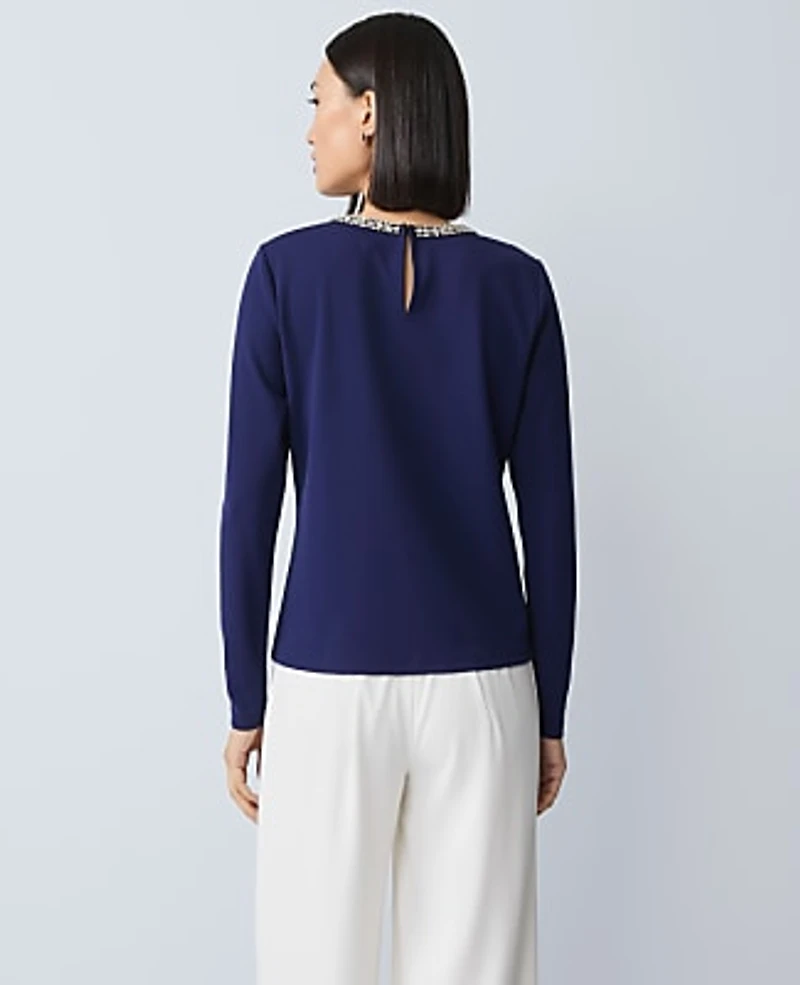 Ann Taylor Petite Ponte Embellished Crew Neck Top Women's