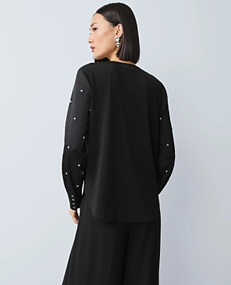 Ann Taylor Petite Pearl Embellished Mixed Media Top Black Women's