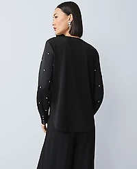 Ann Taylor Petite Pearl Embellished Mixed Media Top Black Women's