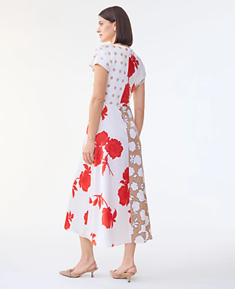Ann Taylor Floral Collage Twisted Midi Dress Fiery Sunset Women's