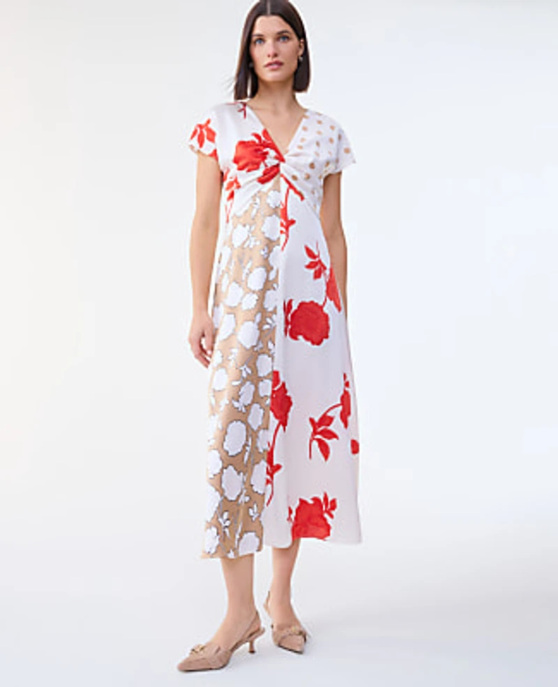 Ann Taylor Floral Collage Twisted Midi Dress Fiery Sunset Women's