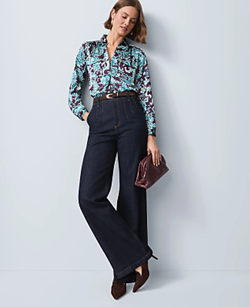Ann Taylor Petite Floral Camp Shirt Size 2XS Aubergine Dream Women's