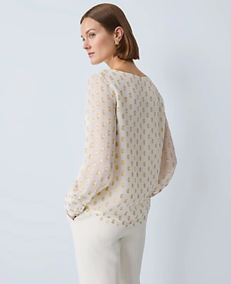 Ann Taylor Petite Dotted Boatneck Blouse Winter White Women's