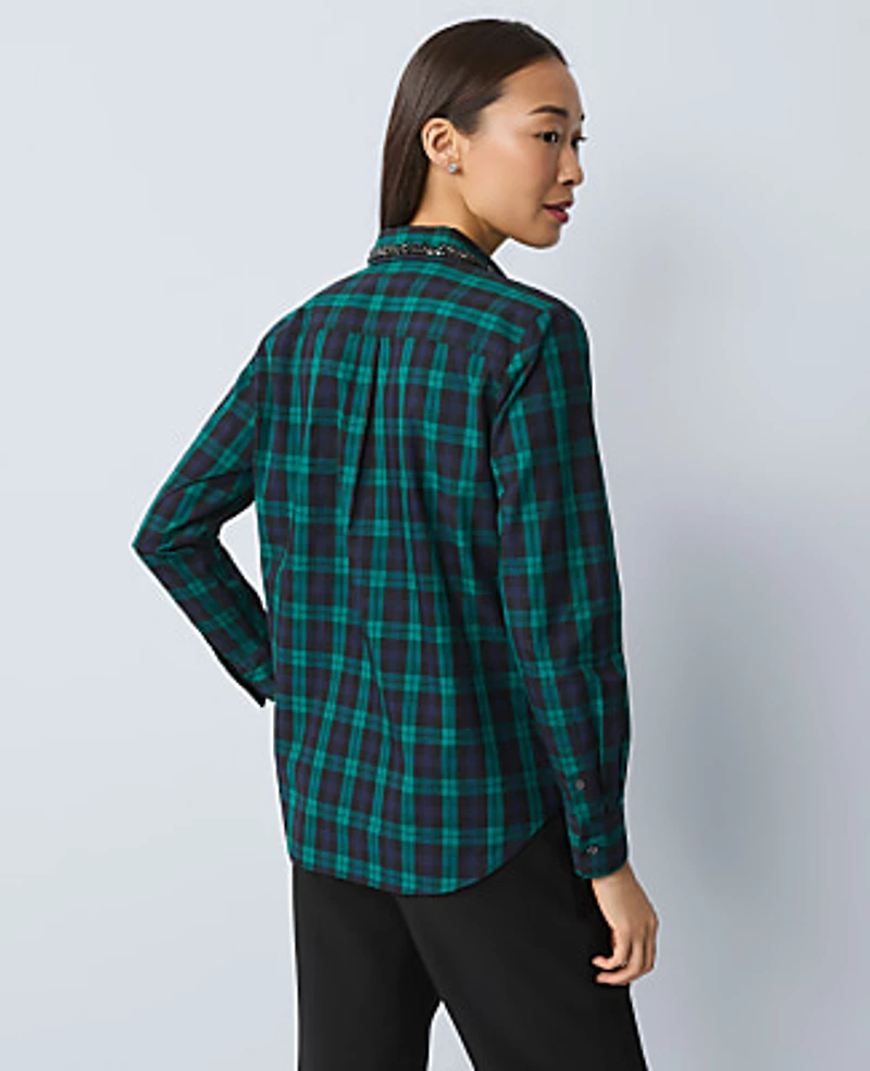 Ann Taylor Petite Embellished Plaid Relaxed Perfect Shirt Rainforest Women's