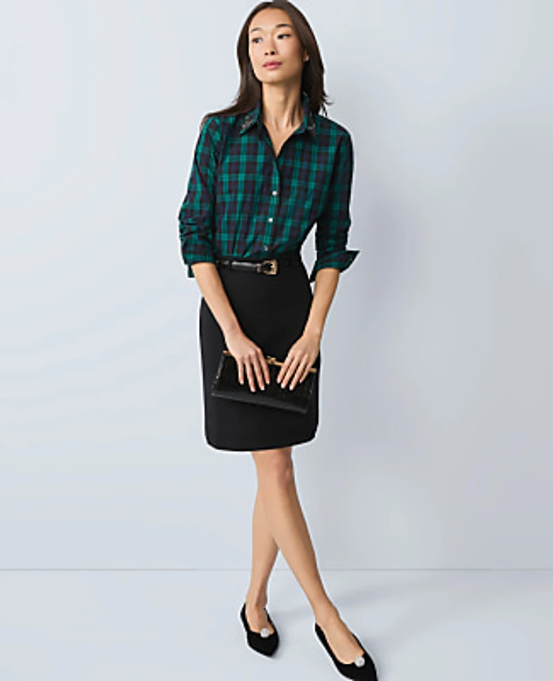 Ann Taylor Petite Embellished Plaid Relaxed Perfect Shirt Rainforest Women's