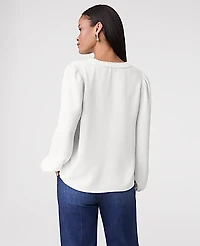 Ann Taylor Petite Bobble Trim V-Neck Blouse Size Medium Winter White Women's