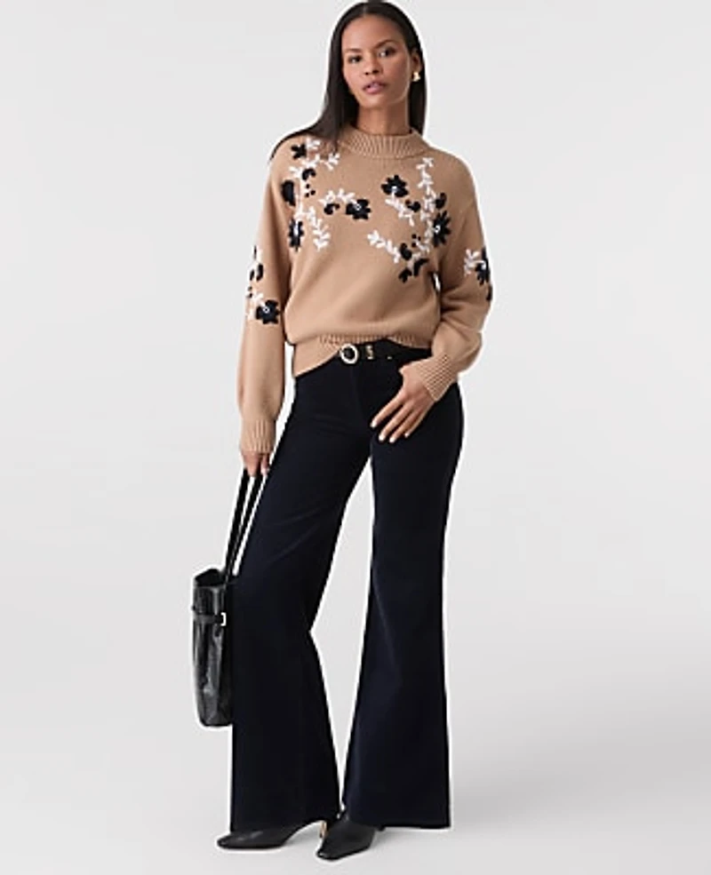 Ann Taylor Petite Embroidered Floral Mock Neck Sweater Cafe Au Lait Women's