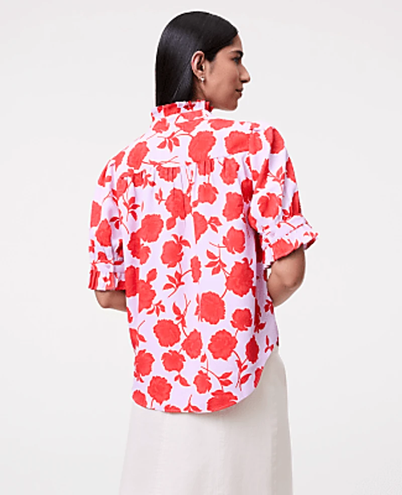 Ann Taylor Floral Ruffle Collar Shirt Fiery Sunset Women's