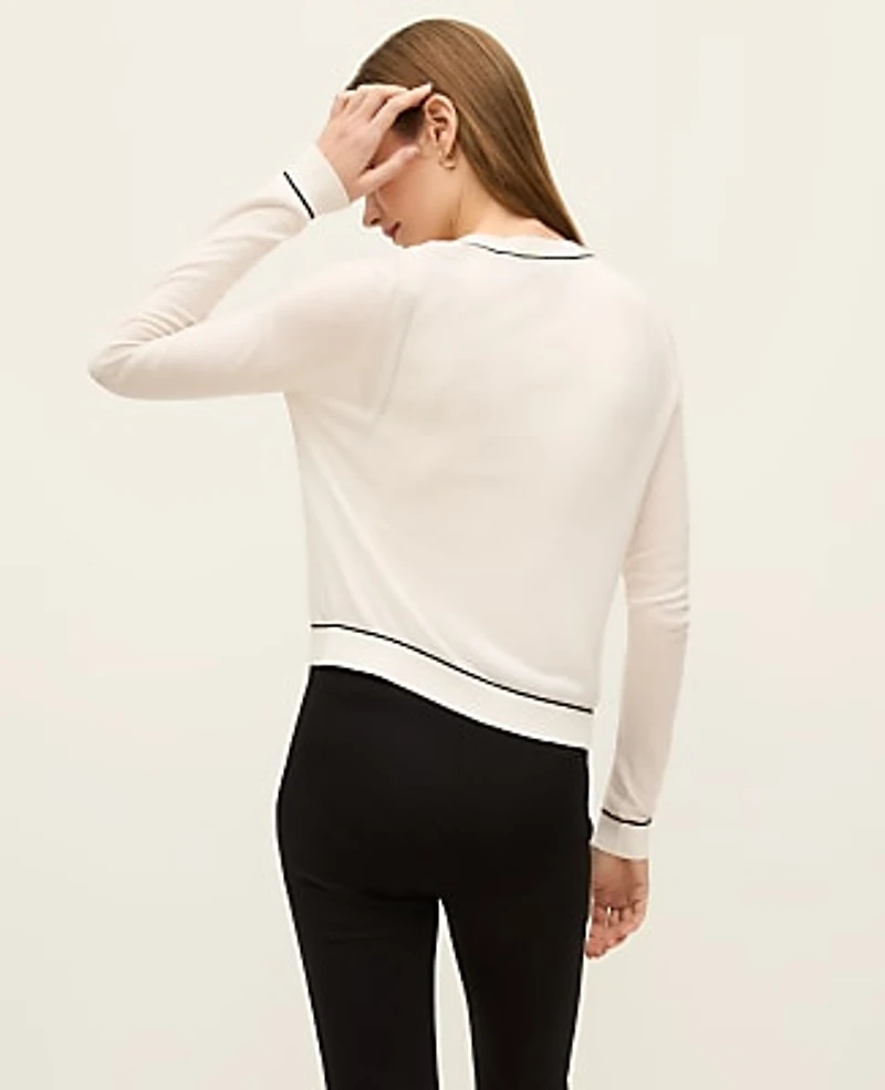 Ann Taylor Petite Tipped Crew Neck Cardigan Winter White Women's