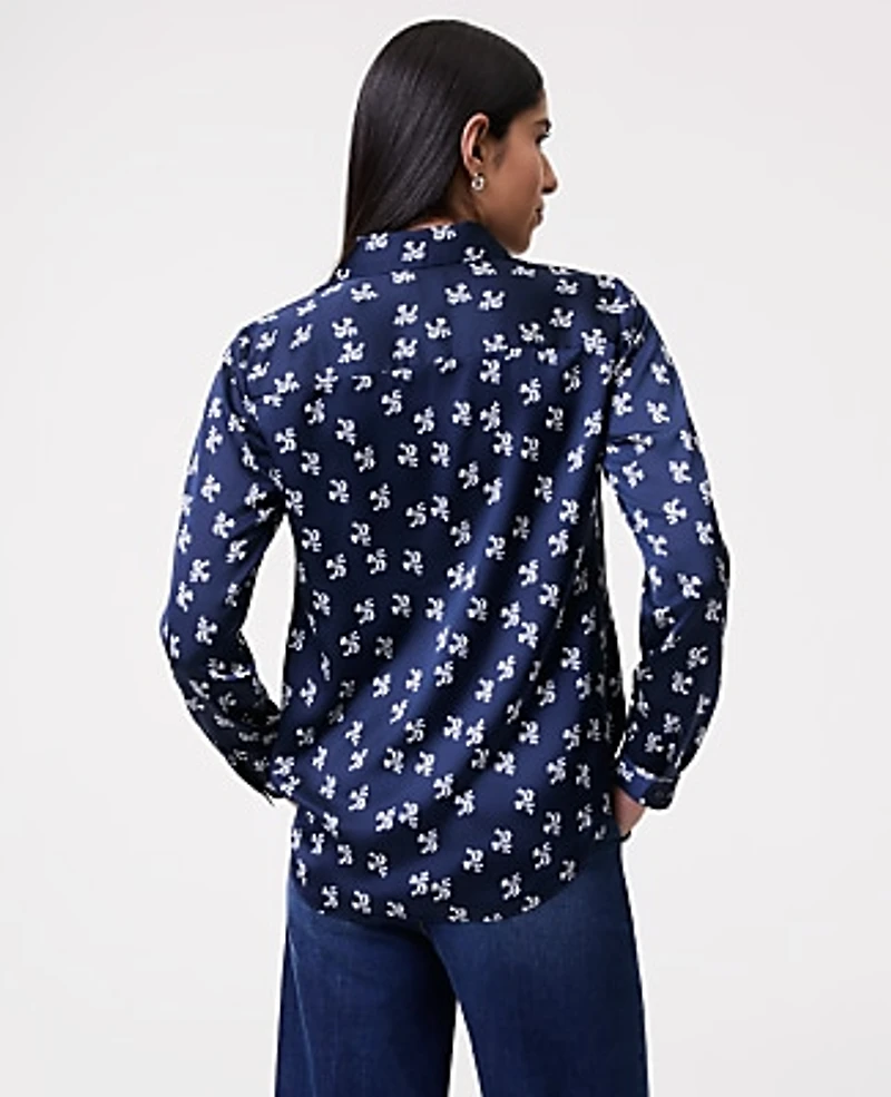 Ann Taylor Floral Satin Essential Shirt Indigo Dusk Women's