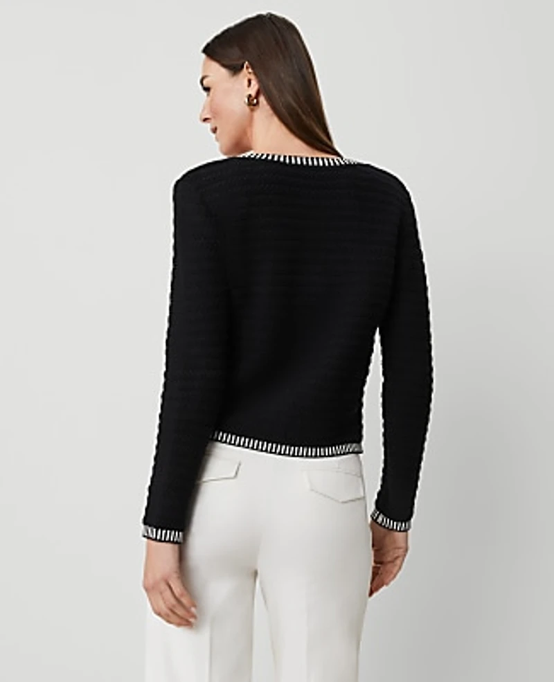 Ann Taylor Petite Geo Stitch Sweater Jacket Black/White Multi Women's