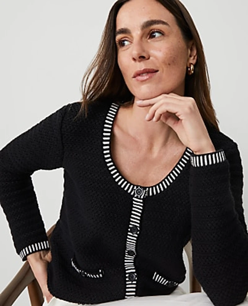 Ann Taylor Petite Geo Stitch Sweater Jacket Black/White Multi Women's