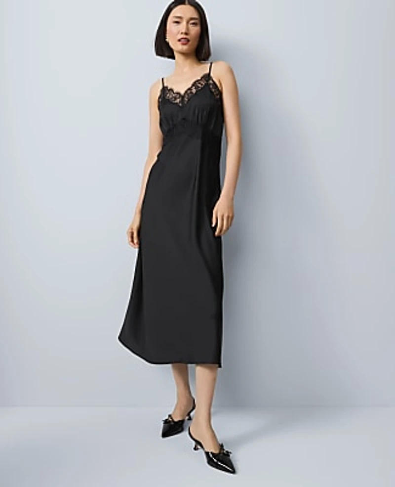 Ann Taylor Lace Trim Satin Slip Midi Dress Black Women's