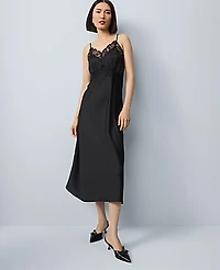 Ann Taylor Lace Trim Satin Slip Midi Dress Black Women's