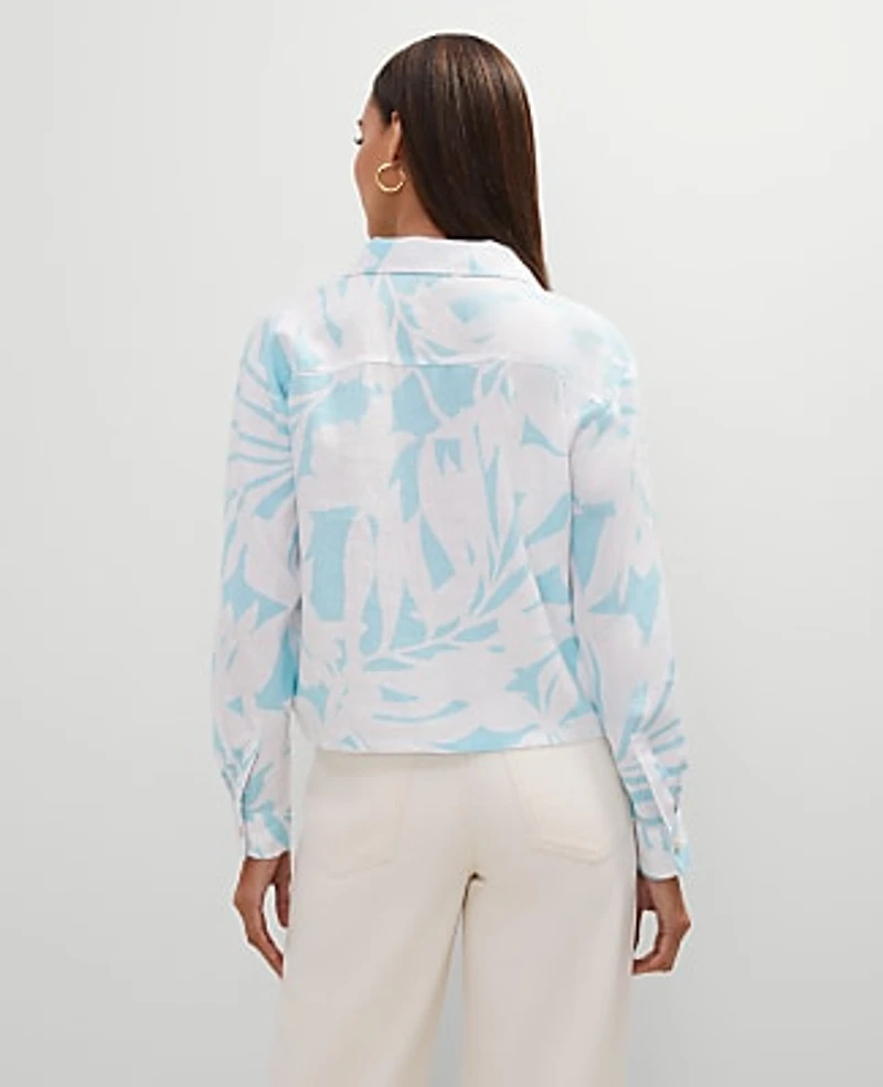 Ann Taylor Cropped Linen Shirt Size Small White-Gulf Stream Blue Women's