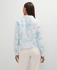 Ann Taylor Cropped Linen Shirt Size Small White-Gulf Stream Blue Women's