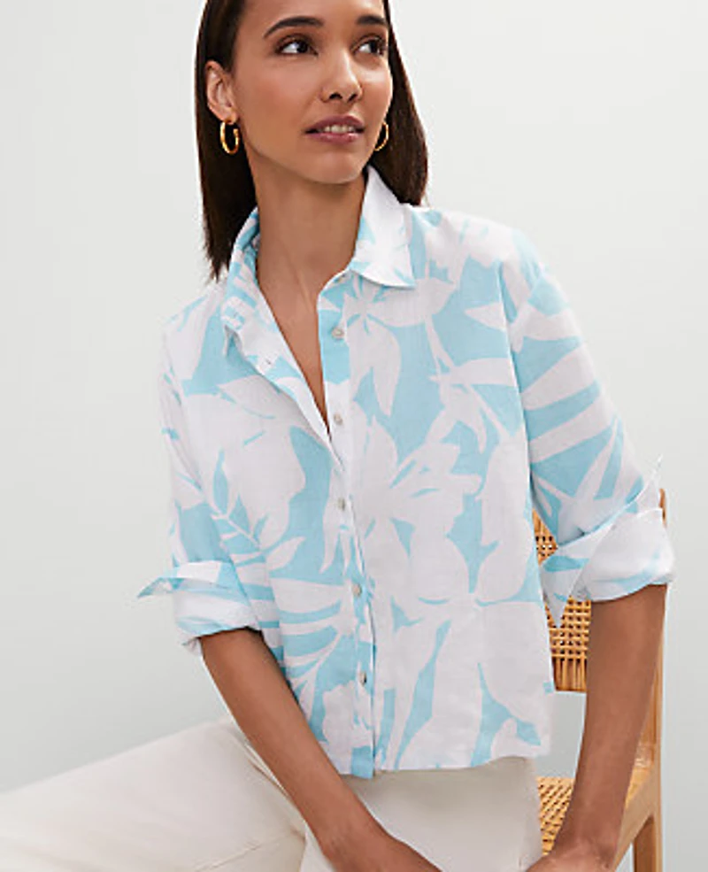 Ann Taylor Cropped Linen Shirt Size Small White-Gulf Stream Blue Women's
