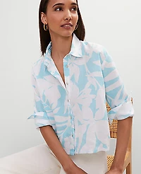 Ann Taylor Cropped Linen Shirt Size Small White-Gulf Stream Blue Women's