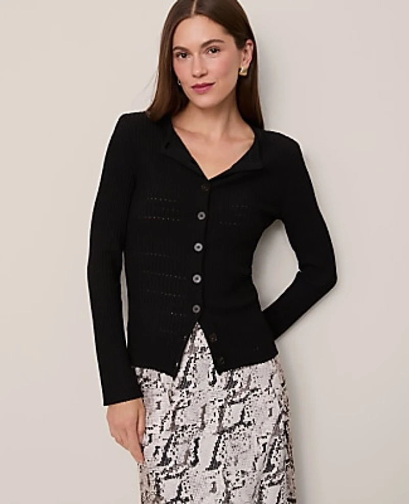 Ann Taylor Ribbed V-Neck Cardigan Black Women's