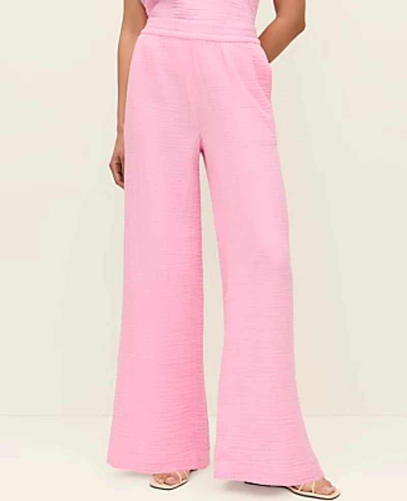 Ann Taylor The Petite Easy Fit Wide-Leg Pant Cotton Gauze Strawberry Lemonade Women's