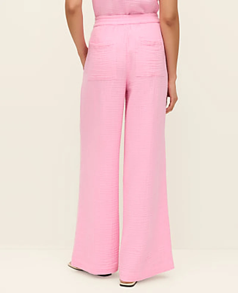 Ann Taylor The Petite Easy Fit Wide-Leg Pant Cotton Gauze Strawberry Lemonade Women's