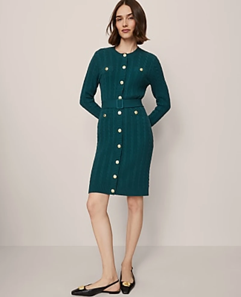 Ann Taylor Belted Cable Sweater Dress Women's
