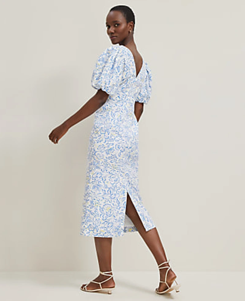 Ann Taylor Petite Floral Linen Blend Puff Sleeve Sheath Dress Size 0 White Women's