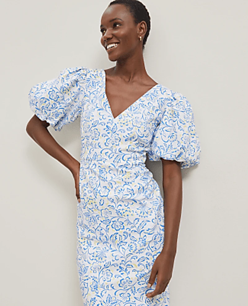 Ann Taylor Petite Floral Linen Blend Puff Sleeve Sheath Dress Size 0 White Women's