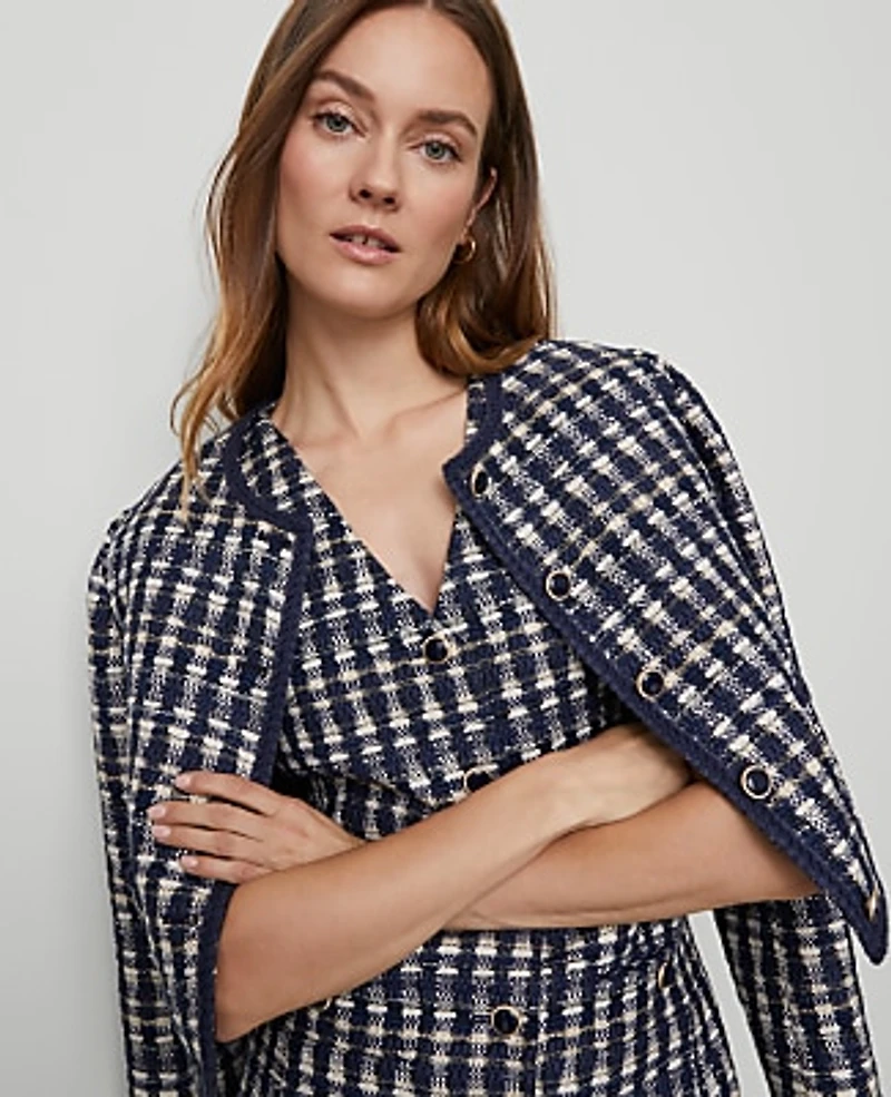 Ann Taylor Petite Tweed Button Shift Dress Navy/White Combo Women's