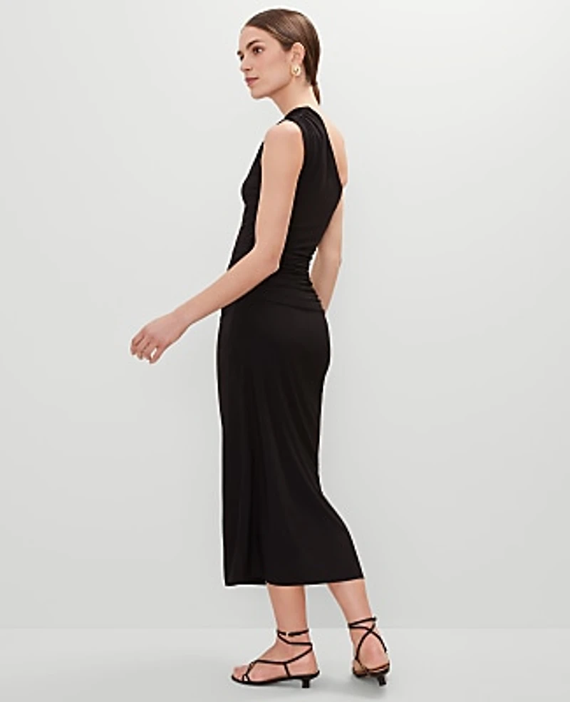 Ann Taylor Petite One-Shoulder Shirred Midi Dress Size 12 Black Women's