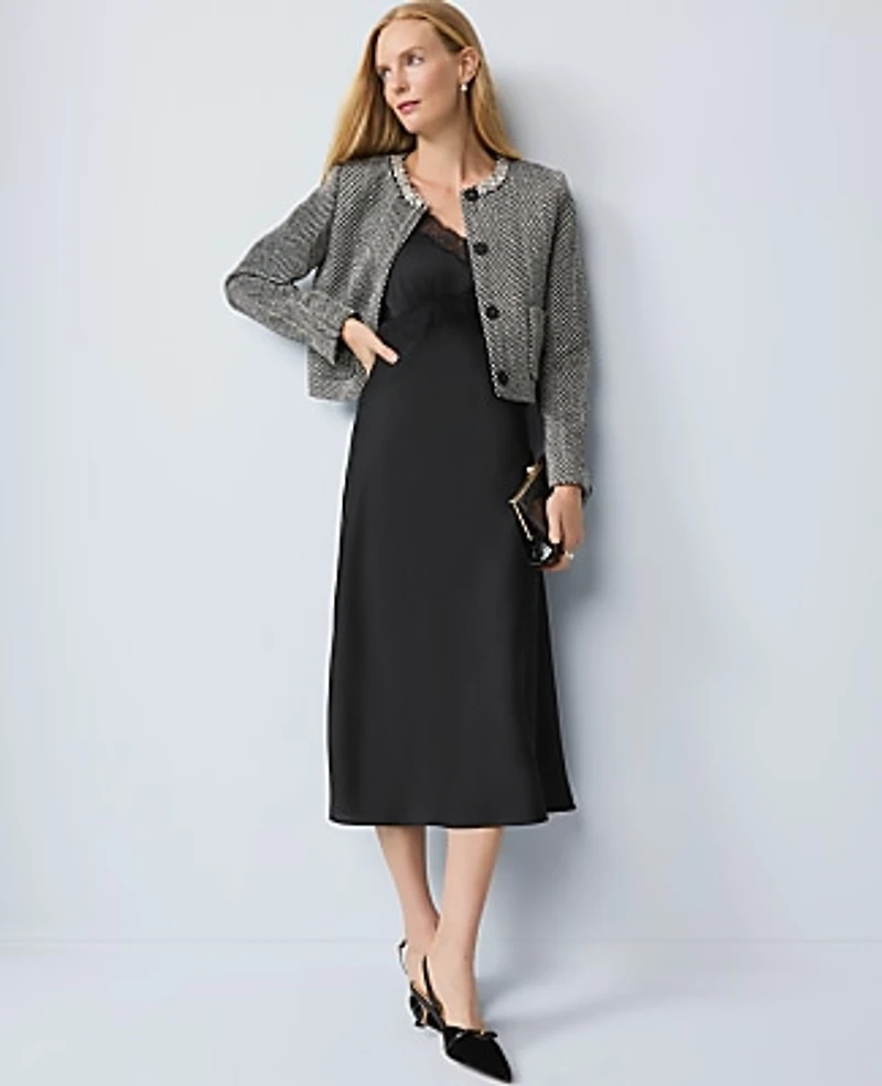 Ann Taylor Embellished Herringbone Cropped Jacket Black Women's