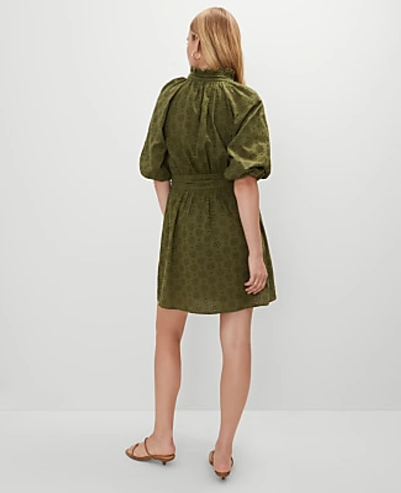 Ann Taylor Petite Eyelet Ruffle Neck Flare Dress Size 6 Moss Green Women's